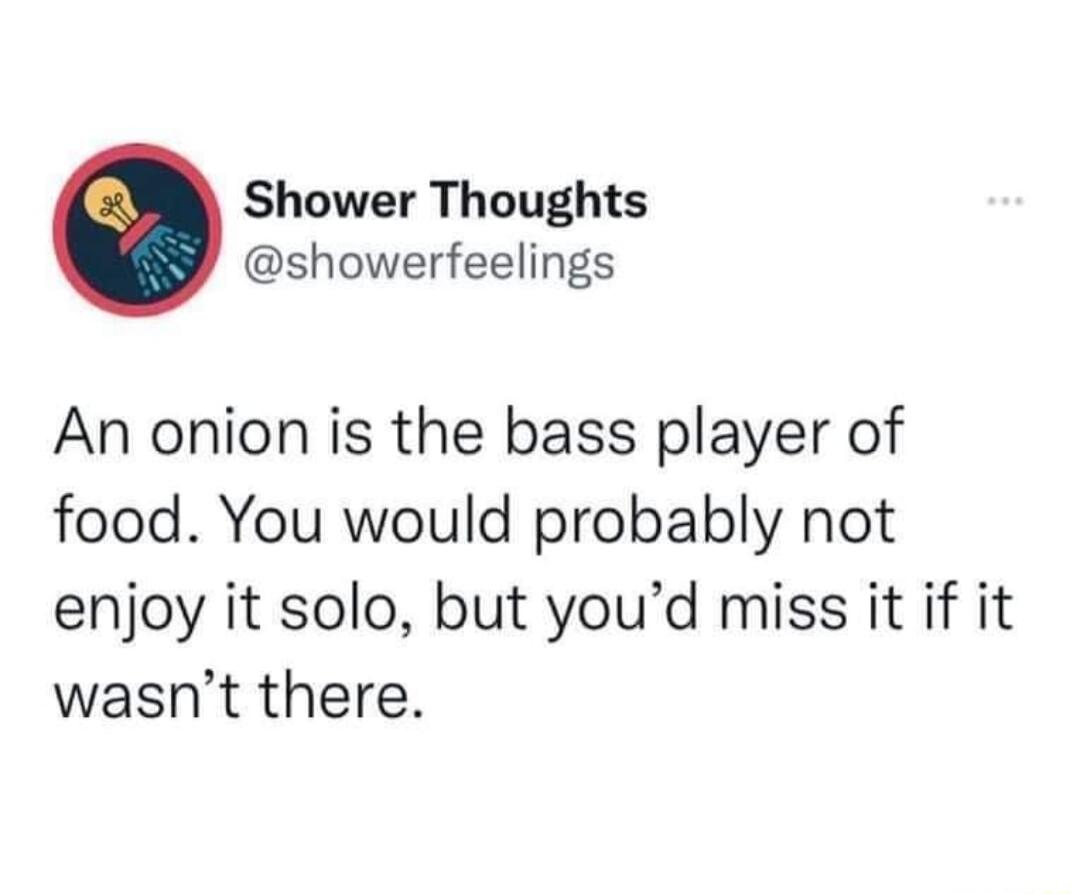 Shower Thoughts showerfeelings An onion is the bass player of food You would probably not enjoy it solo but youd miss it if it wasnt there