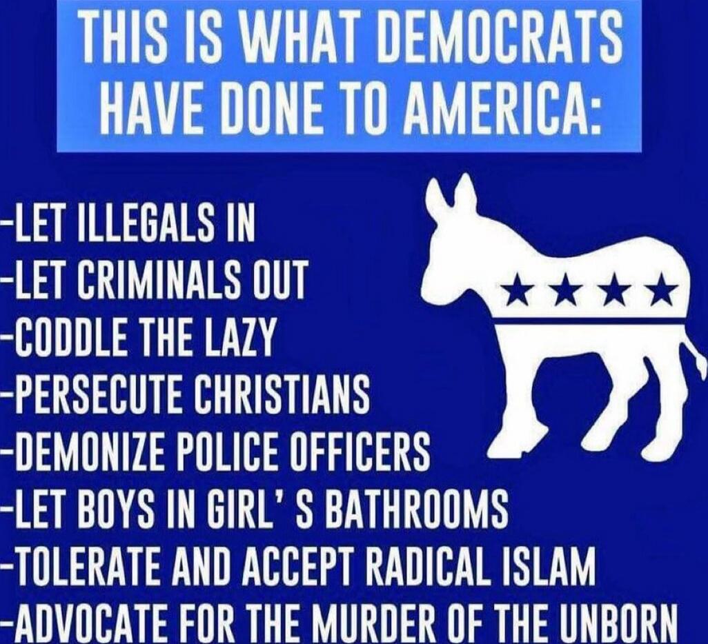 THIS IS WHAT DEMOCRATS HAVE DONE TO AMERICA:
- LET ILLEGALS IN
- LET CRIMINALS OUT
- CODDLE THE LAZY
- PERSECUTE CHRISTIANS
- DEMONIZE POLICE OFFICERS
- LET BOYS IN GIRL'S BATHROOMS
- TOLERATE AND ACCEPT RADICAL ISLAM
- ADVOCATE FOR THE MURDER OF THE UNBORN