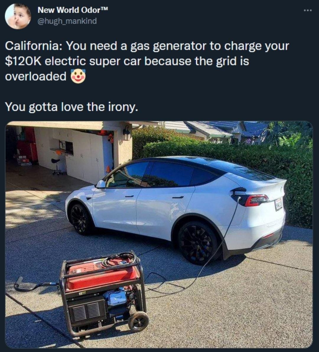 California You need a gas generator to charge your 120K electric super car because the grid is overloaded You gotta love the irony