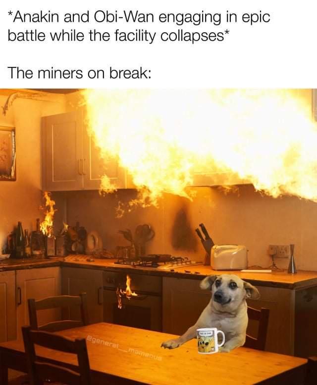 Anakin and Obi Wan engaging in epic battle while the facility collapses The miners on break