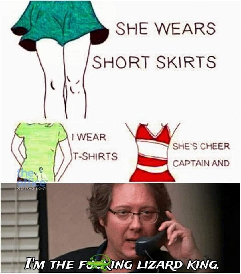 SHE WEARS SHORT SKIRTS WEAR M SHIRTS F APTAIN AND