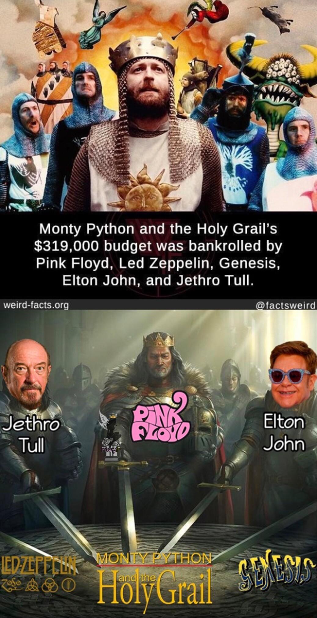 Monty Python and the Holy Grails 319000 budget was bankrolled by Pink Floyd Led Zeppelin Genesis SUGHING LRGN GG T weird factsorg factsweird