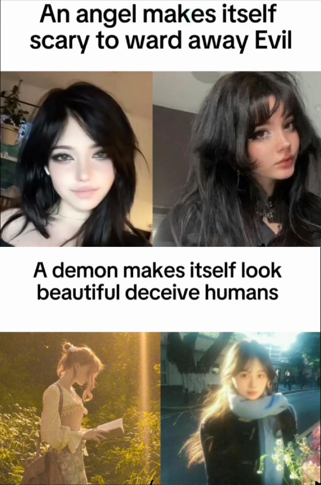 An angel makes itself scary to ward away Evil A demon makes itself look beautiful deceive humans