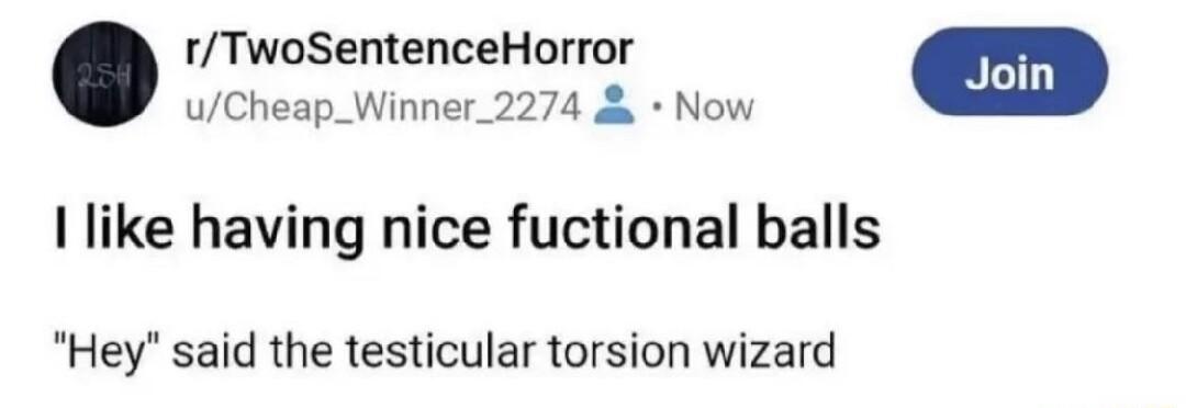 rTwoSentenceHorror uCheap_Winner_2274 Now I like having nice fuctional balls Hey said the testicular torsion wizard