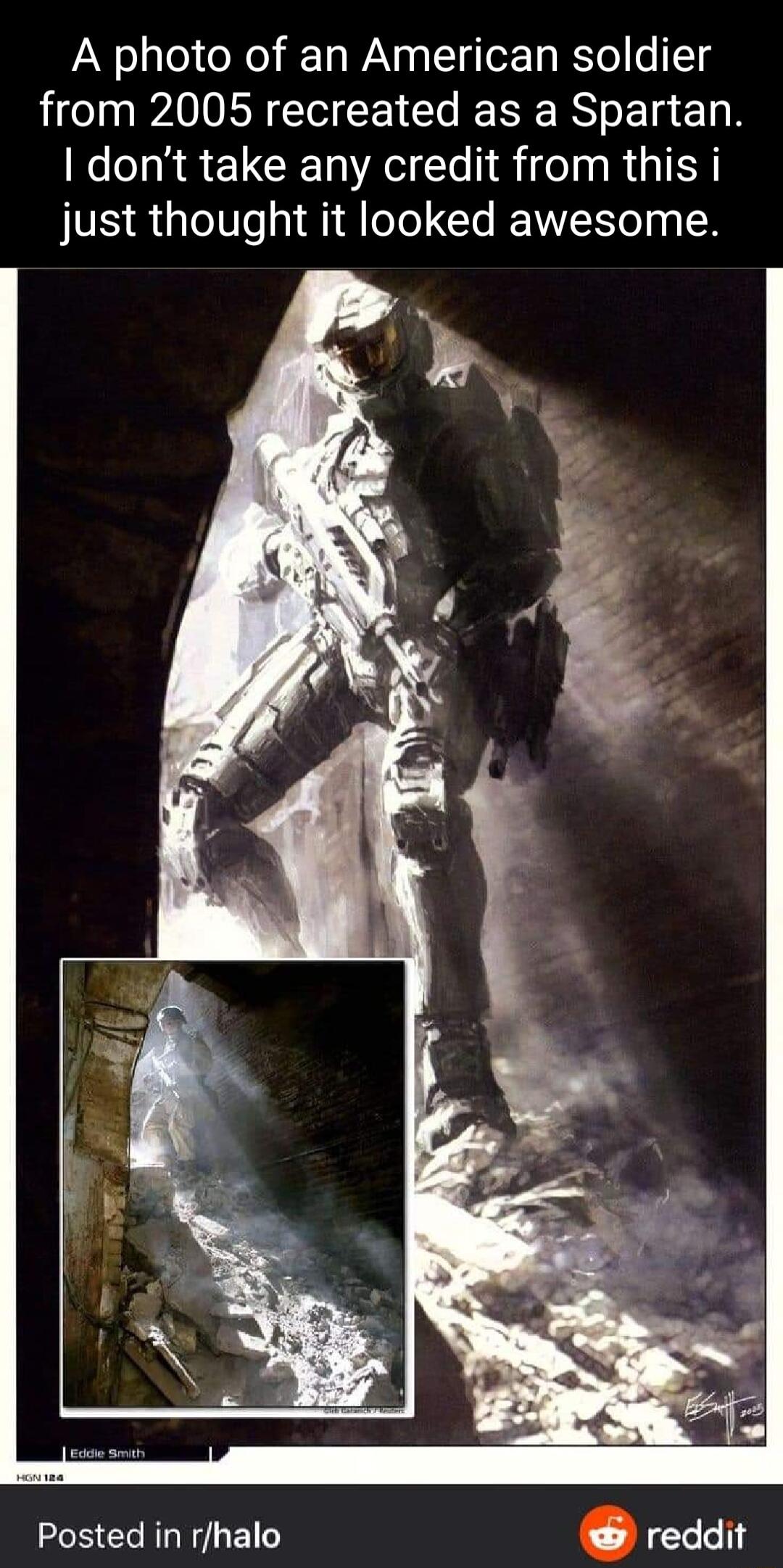 A photo of an American soldier from 2005 recreated as a Spartan dont take any credit from this i just thought it looked awesome Posted in rhalo reddit