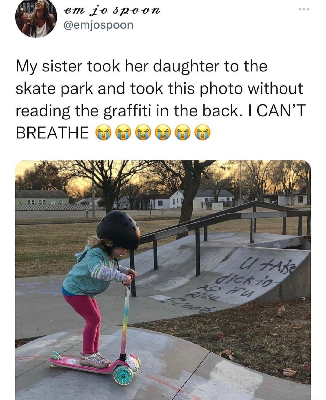 em jospoon emijospoon My sister took her daughter to the skate park and took this photo without reading the graffiti in the back CANT BREATHE 9 99