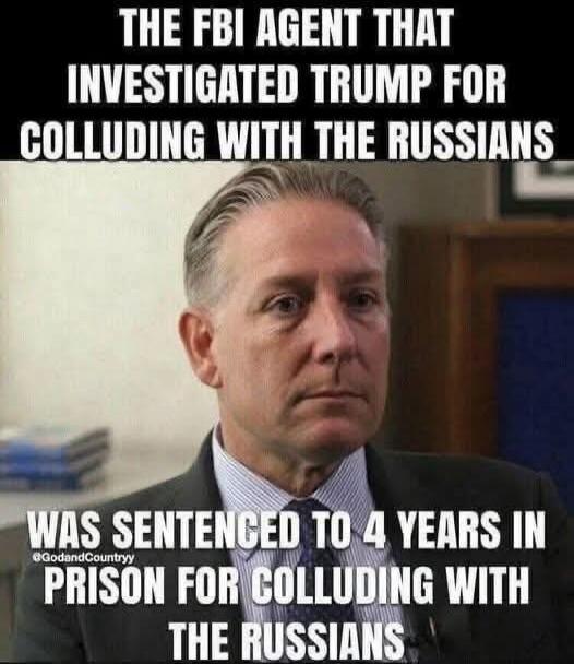 THE FBI AGENT THAT INVESTIGATED TRUMP FOR COLLUDING WITH THE RUSSIANS WAS SENTENCED TO 4 YEARS IN PRISON FOR COLLUDING WITH THE RUSSIANS @GodandCountryy