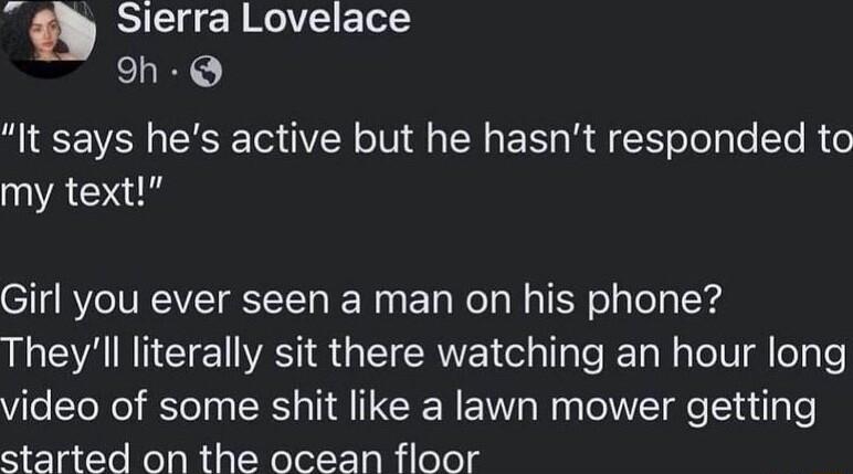 Q Sierra Lovelace oh Q It says hes active but he hasnt responded to my text Girl you ever seen a man on his phone IS A RIEETR S GEERVE Tl TR lelU dl elgTe video of some shit like a lawn mower getting Nelat loRo aRta Nelo sRilele g