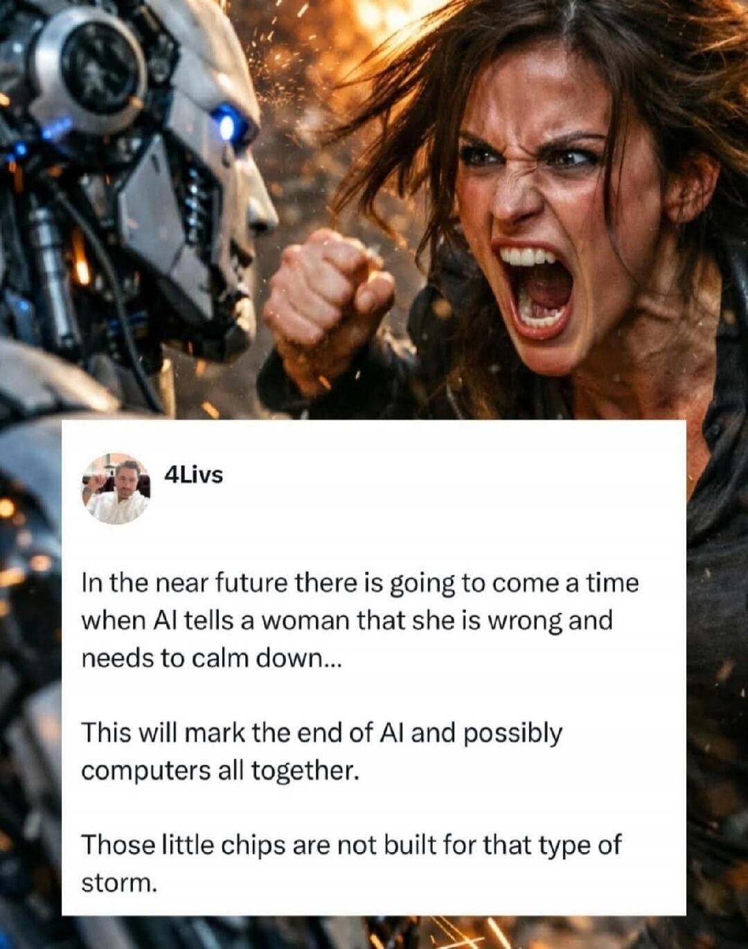 In the near future there is going to come a time when AI tells a woman that she is wrong and needs to calm down... 

This will mark the end of AI and possibly computers all together.

Those little chips are not built for that type of storm.
