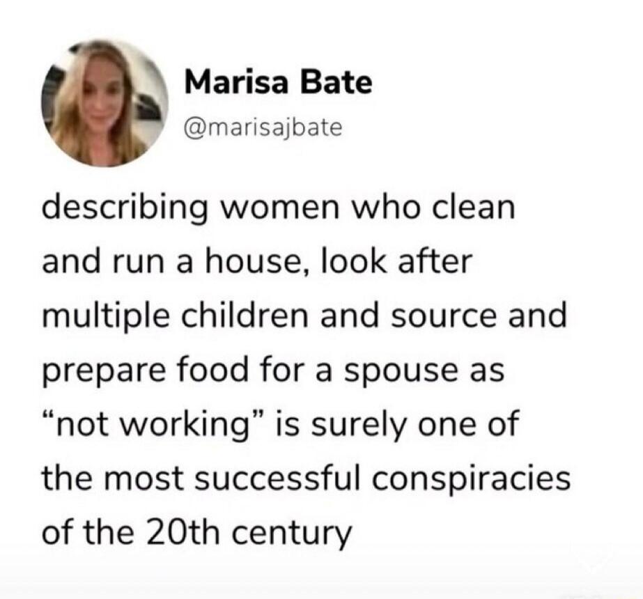 Marisa Bate @marisajbate describing women who clean and run a house, look after multiple children and source and prepare food for a spouse as 