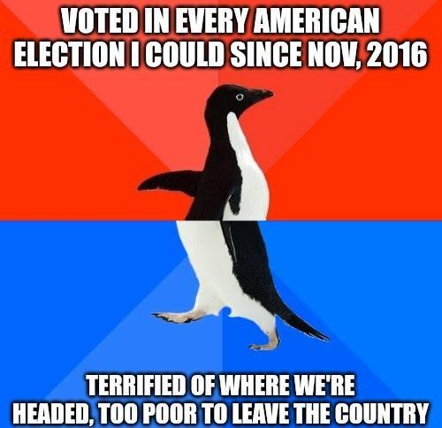 MOTED IN EVERY AMERICAN ELECTION 1 COULD SINCENOV 2016 A TERRIFIED OF WHERE WERE HEADED TO0 POOR TO LEAVE THE COUNTRY