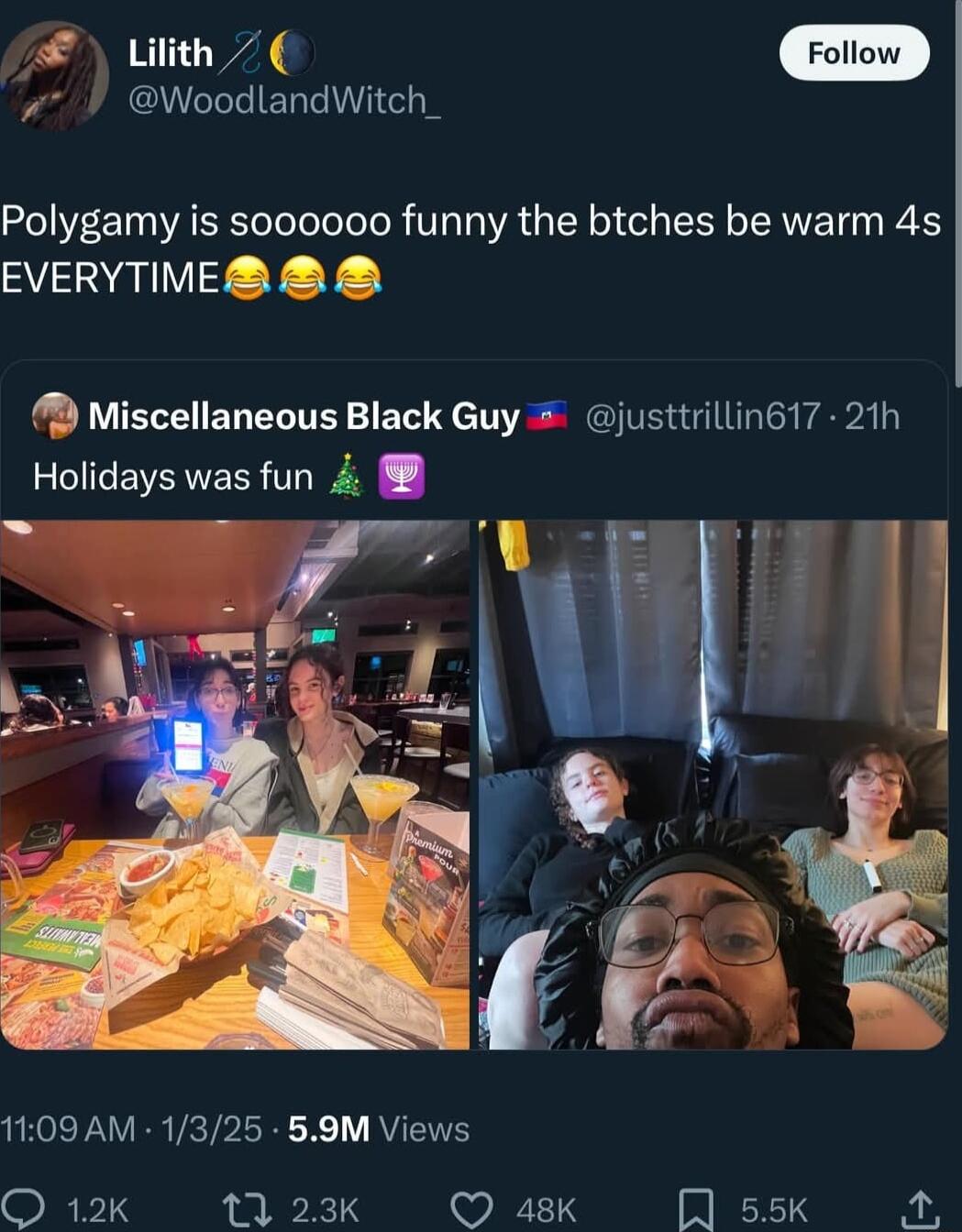 Lilith I WoodlandWitch Polygamy is soooo00 funny the btches be warm 4s EVERYTIVE Miscellaneous Black Guy justtrilling17 21h Holidays was fun 4 1109AM 1325 59M Views QO 12k 13 23K Q 48K 55k 2