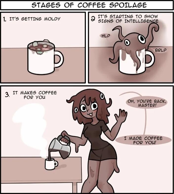 STAGES OF COFFEE SPOILAGE 9 LTS STAGTING TO SHOW 1 ITS GETTING MOLOY IT MAKES COFFEE 3 FOR YOU