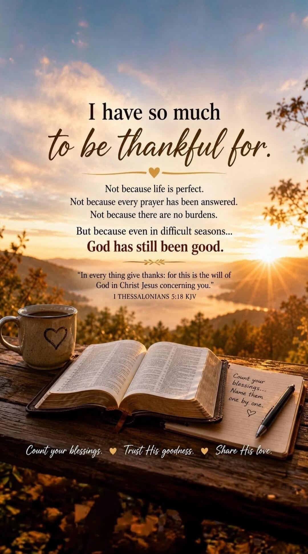I have so much to be thankful for. Not because life is perfect. Not because every prayer has been answered. Not because there are no burdens. But because even in difficult seasons... God has still been good. 