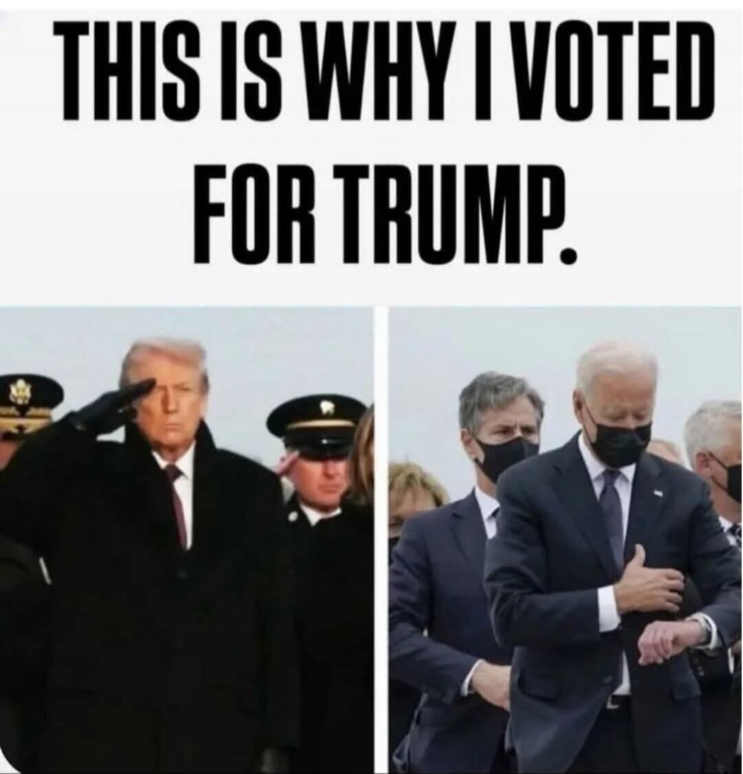 THIS IS WHY I VOTED FOR TRUMP. Donald Trump saluting with military personnel. Joe Biden looking at his watch while wearing a mask.