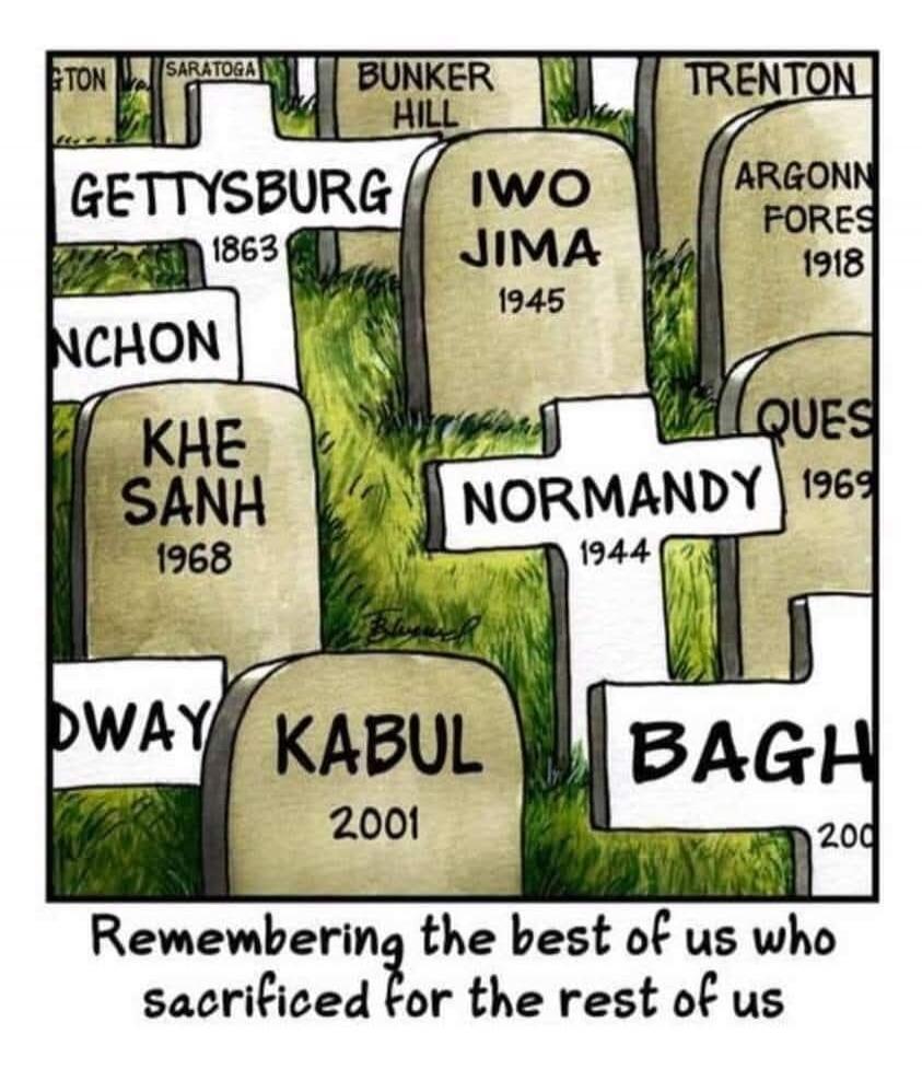 GTON, Saratoga, Bunker Hill, Trenton, Gettysburg 1863, Iwo Jima 1945, Argonn Fores 1918, Nchon, Khe Sanh 1968, Ques 1969, Normandy 1944, Dway, Kabul 2001, Bagh 200. Remembering the best of us who sacrificed for the rest of us.
