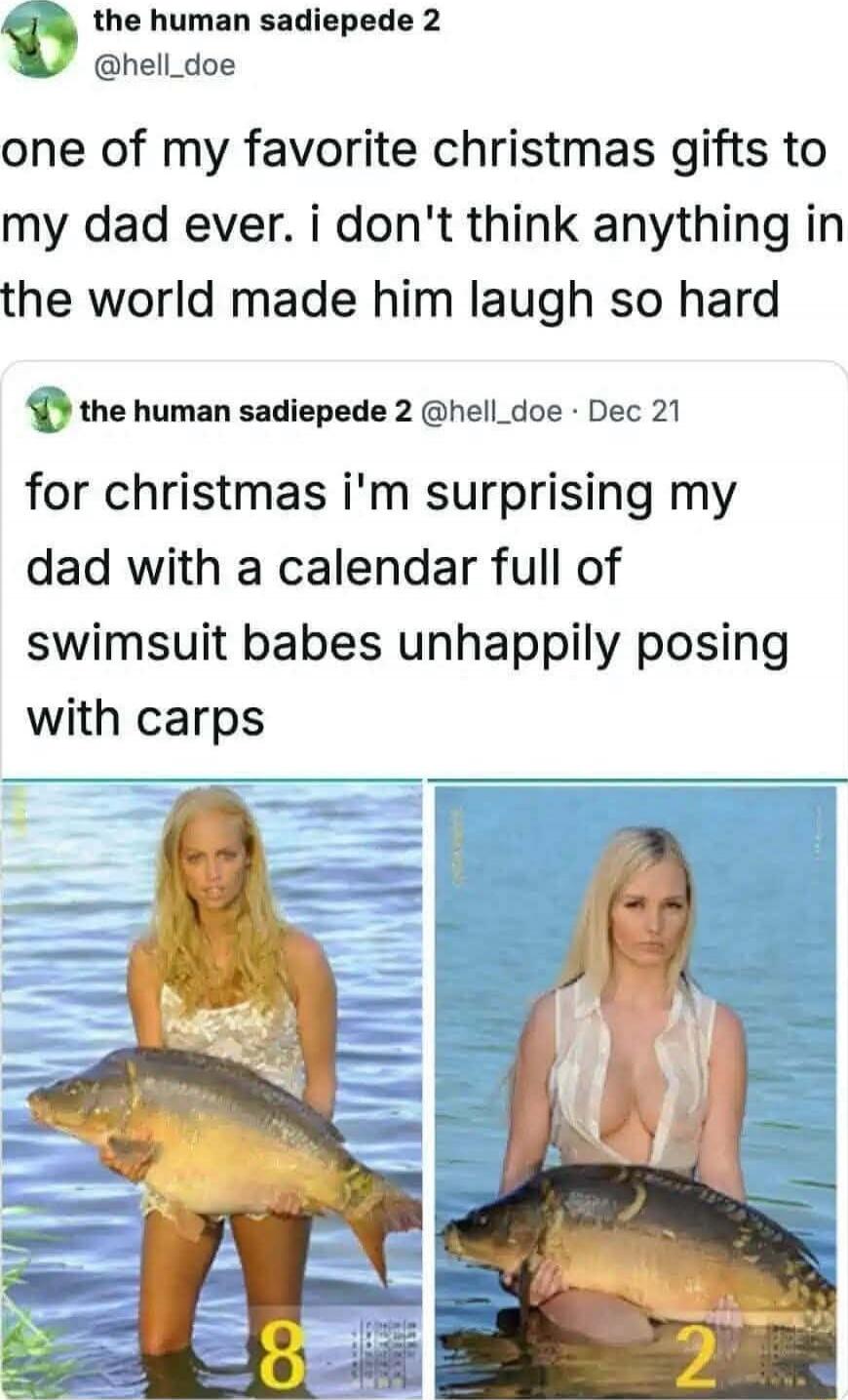 one of my favorite christmas gifts to my dad ever. i don't think anything in the world made him laugh so hard

for christmas i'm surprising my dad with a calendar full of swimsuit babes unhappily posing with carps