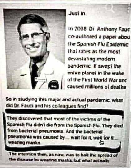 Just in.
In 2008, Dr. Anthony Fauci co-authored a paper about the Spanish Flu Epidemic that rates as the most devastating modern pandemic. It swept the entire planet in the wake of the First World War and caused millions of deaths.
So in studying this major and actual pandemic, what did Dr. Fauci and his colleagues find?
They discovered that most o