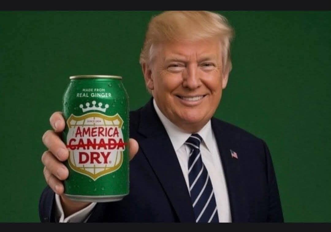Donald Trump is holding a green can that says 'MADE FROM REAL GINGER' and 'AMERICA CANADA DRY' with 'CANADA' crossed out. The can also has 'SINCE 1904' written on it.