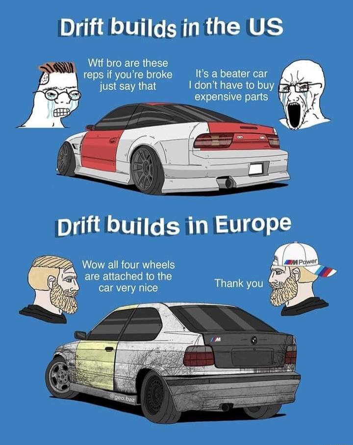 DI GE RGN VA Wit bro are these reps if youre broke Its a beater car justsaythat dont have to buy expensive parts Drift builds in Europe Wow all four wheels are attached to the carvery nice