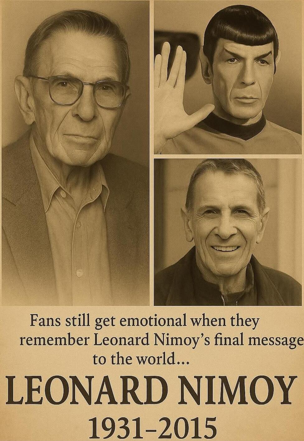 Fans still get emotional when they remember Leonard Nimoy’s final message to the world...\nLEONARD NIMOY\n1931-2015