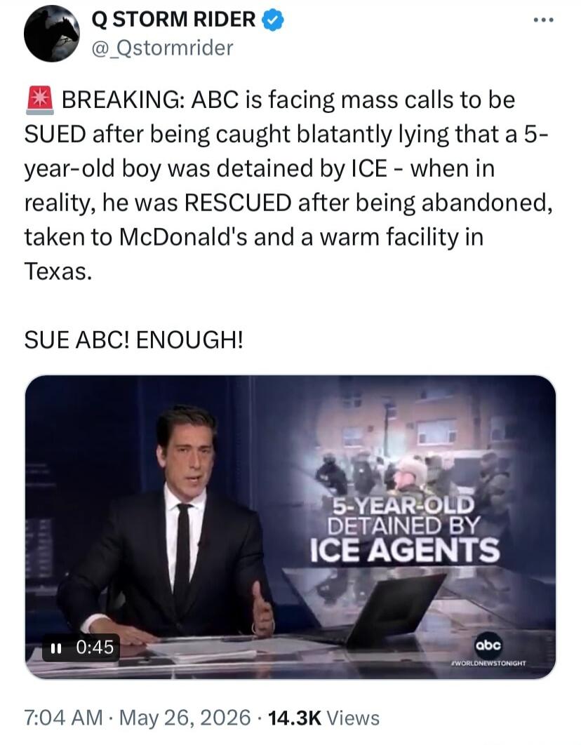 BREAKING: ABC is facing mass calls to be SUED after being caught blatantly lying that a 5-year-old boy was detained by ICE - when in reality, he was RESCUED after being abandoned, taken to McDonald's and a warm facility in Texas. SUE ABC! ENOUGH! 5-YEAR-OLD DETAINED BY ICE AGENTS