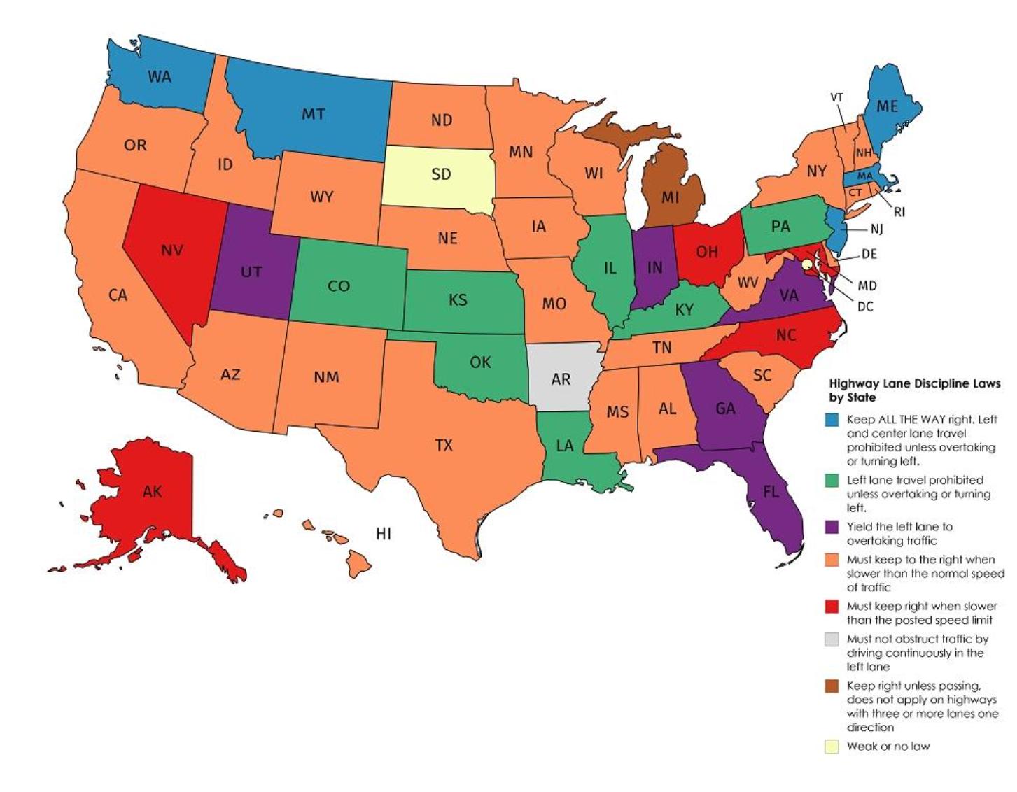 Highway Lane Discipline Laws by state B Keep ALLTHE WAY right Left and center lane fravel prohibited unless overtaking or tuming lefl W Leftlone frovel prohibited unless overtaking or tuming left W Yield the left lane to overtaking taffic Must keep fo the right when slower than the normal speed of iraffic Must keep right when slower than the posted speed limit Must not obstruct traffic by diiving 