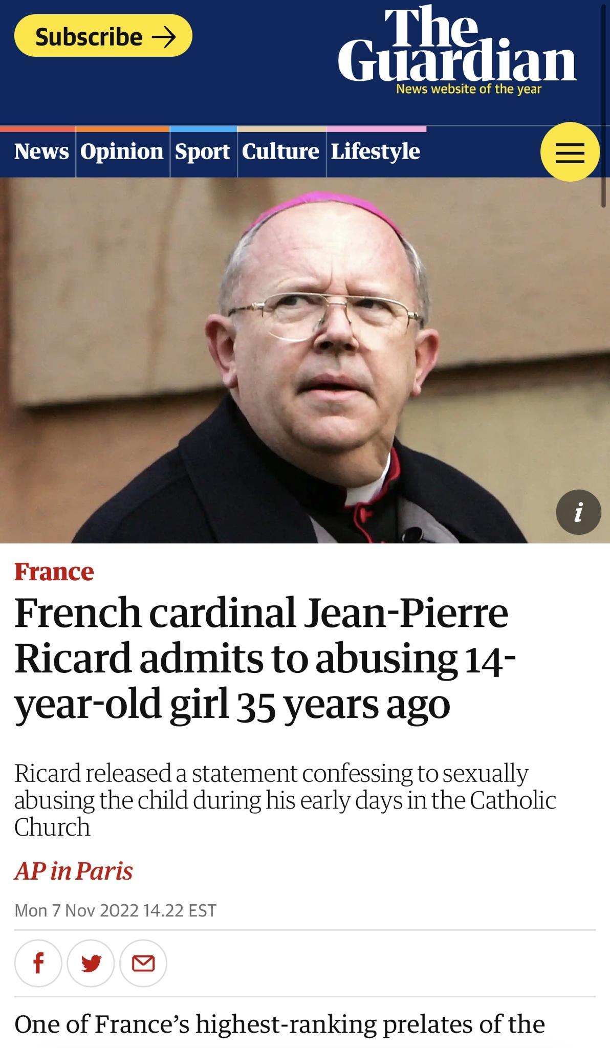 Ezlllredlan French cardinal Jean Pierre Ricard admits to abusing 14 year old girl 35 years ago Ricard released a statement confessing to sexually abusing the child during his early days in the Catholic Church One of Frances highest ranking prelates of the
