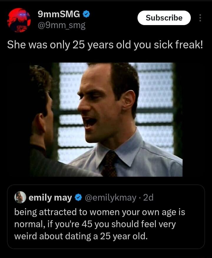 9mmSMG u 9mm_ smg R ERVE O WAV TER o e BV VRS o 1 _ emily may emilykmay 2d being attracted to women your own age is Lol E TR IV RV IV R EIRVET weird about dating a 25 year old