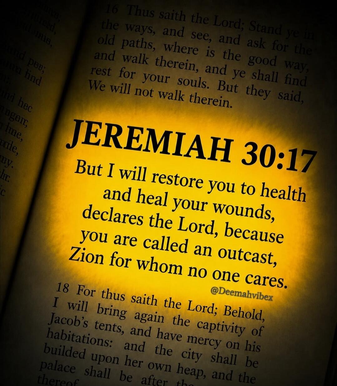JEREMIAH 30:17 But I will restore you to health and heal your wounds, declares the Lord, because you are called an outcast, Zion for whom no one cares. @Deemahvibex
