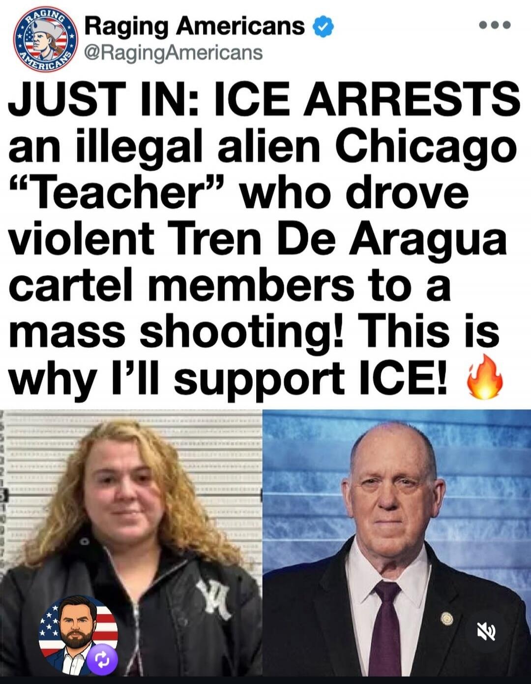 Raging Americans @RagingAmericans JUST IN: ICE ARRESTS an illegal alien Chicago “Teacher” who drove violent Tren De Aragua cartel members to a mass shooting! This is why I’ll support ICE! 🔥