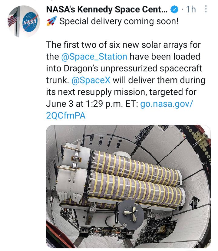 NASAs Kennedy Space Cent 1h Special delivery coming soon The first two of six new solar arrays for the Space_Station have been loaded into Dragons unpressurized spacecraft trunk SpaceX will deliver them during its next resupply mission targeted for June 3 at 129 pm ET gonasagov 2QCfmPA