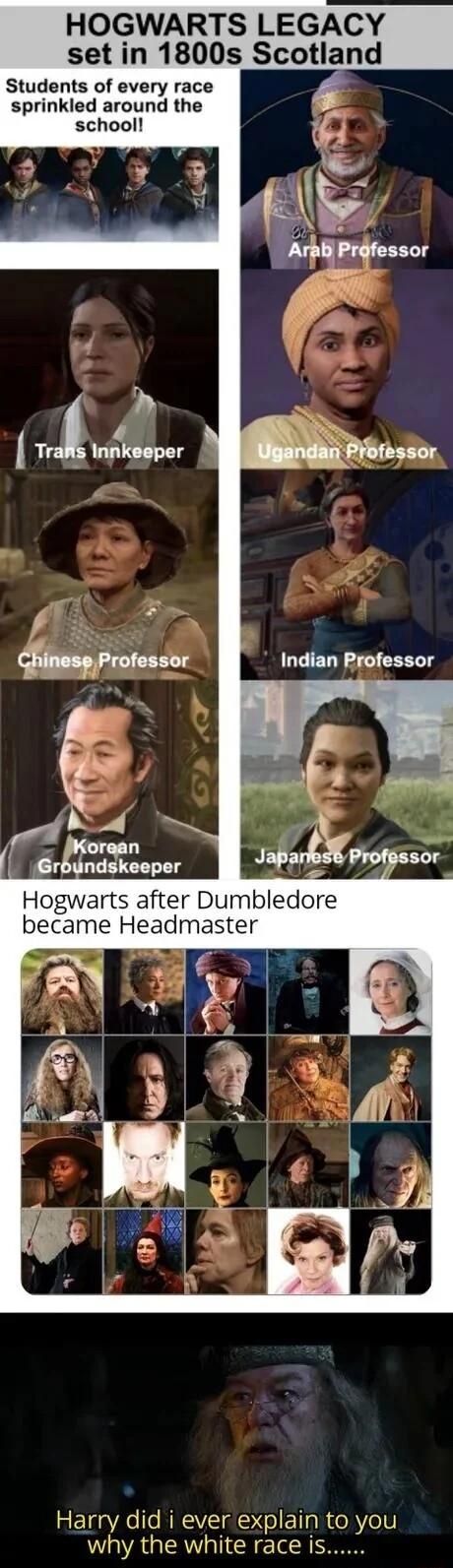 HOGWARTS LEGACY set in 1800s Scotland Students of every race sprinkled around the school organ r dundskeeper Hogwarts after Dumbledore became Headmaster TR e RRSVEIAS Tl TR RV oIV why the white race is