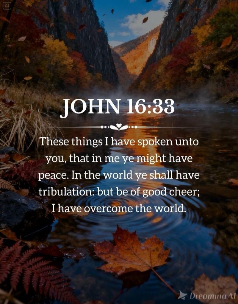 JOHN 16:33 These things I have spoken unto you, that in me ye might have peace. In the world ye shall have tribulation: but be of good cheer; I have overcome the world.