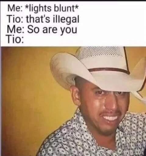Me: *lights blunt* Tio: that's illegal Me: So are you Tio: