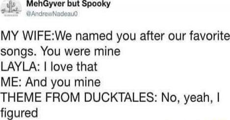 MY WIFE:We named you after our favorite songs. You were mine
LAYLA: I love that
ME: And you mine
THEME FROM DUCKTALES: No, yeah, I figured