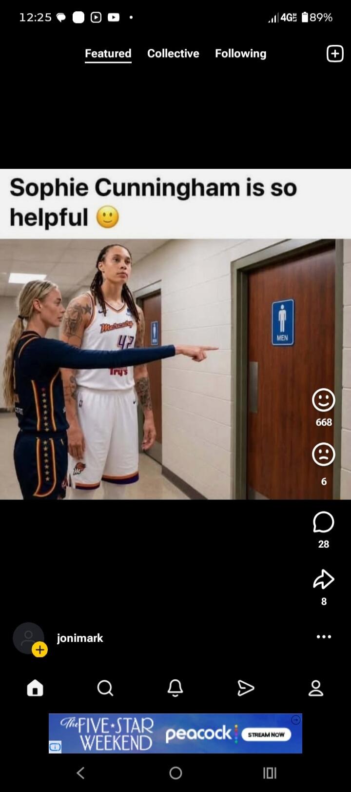 Sophie Cunningham is so helpful. A woman points to a men's restroom door while another woman, Brittney Griner, stands next to her.