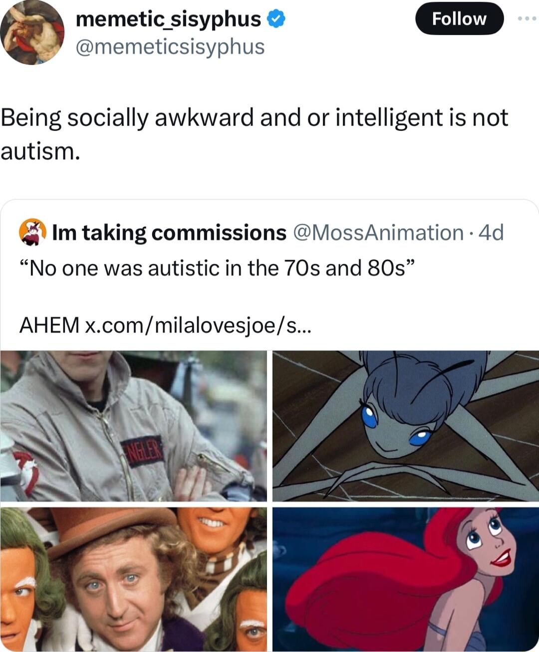 memeticsisyphus memetic sisyphus m Being socially awkward and or intelligent is not autism Im taking commissions VossAnimation 4d No one was autistic in the 70s and 80s AHEM xcommilalovesjoes