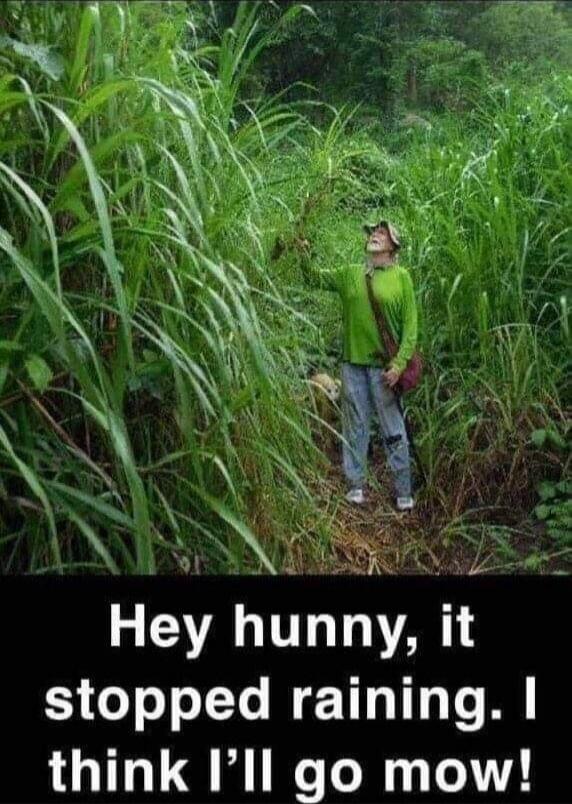 Hey hunny, it stopped raining. I think I'll go mow!