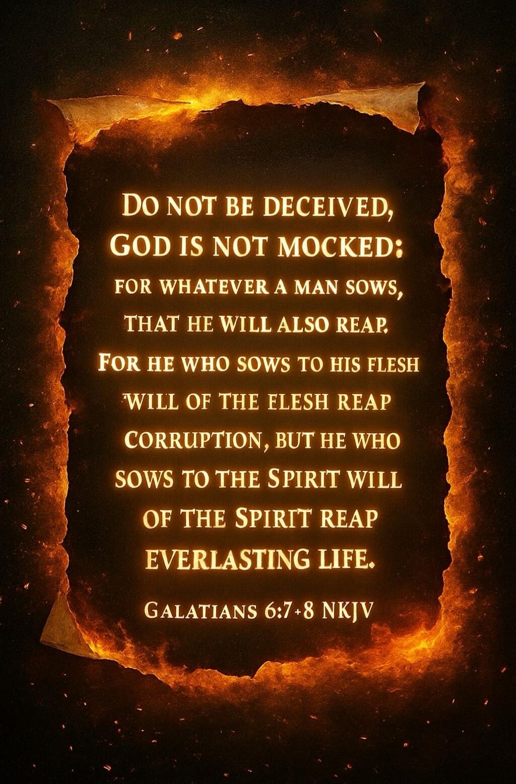 DO NOT BE DECEIVED, GOD IS NOT MOCKED; FOR WHATEVER A MAN SOWS, THAT HE WILL ALSO REAP. FOR HE WHO SOWS TO HIS FLESH WILL OF THE FLESH REAP CORRUPTION, BUT HE WHO SOWS TO THE SPIRIT WILL OF THE SPIRIT REAP EVERLASTING LIFE. GALATIANS 6:7+8 NKJV