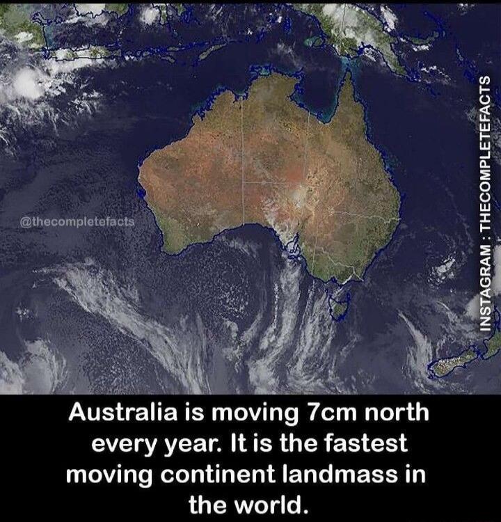 THECOMPLETEFACTS S o 1 AL Australia is moving 7cm north every year Itis the fastest moving continent landmass in the world