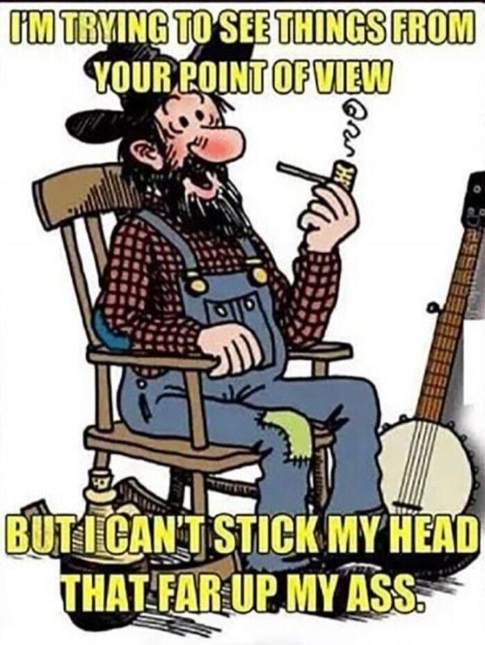I'M TRYING TO SEE THINGS FROM YOUR POINT OF VIEW BUT I CAN'T STICK MY HEAD THAT FAR UP MY ASS.