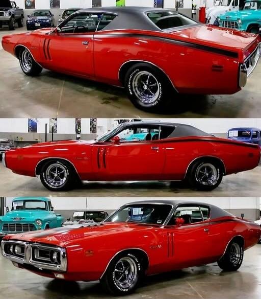 A classic red Dodge Charger with a black roof and racing stripes is shown from multiple angles in a showroom or garage setting. The car features chrome bumpers, distinctive side vents, and BFGoodrich tires.