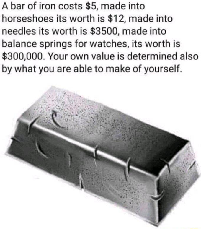 A bar of iron costs 5 made into horseshoes its worth is 12 made into needles its worth is 3500 made into balance springs for watches its worth is 300000 Your own value is determined also by what you are able to make of yourself