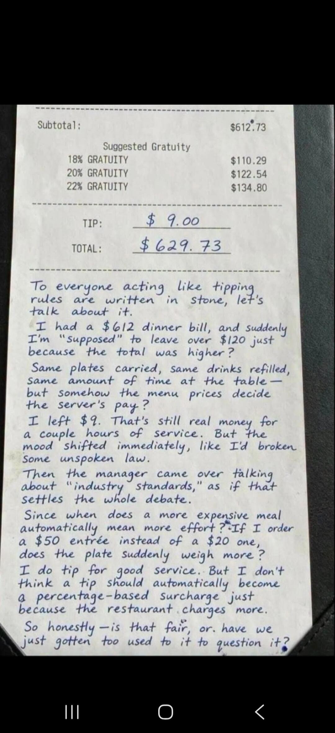 Subtotal: $612.73. Suggested Gratuity: 18% GRATUITY $110.29, 20% GRATUITY $122.54, 22% GRATUITY $134.80. TIP: $9.00. TOTAL: $629.73. To everyone acting like tipping rules are written in stone, let's talk about it. I had a $612 dinner bill, and suddenly I'm 