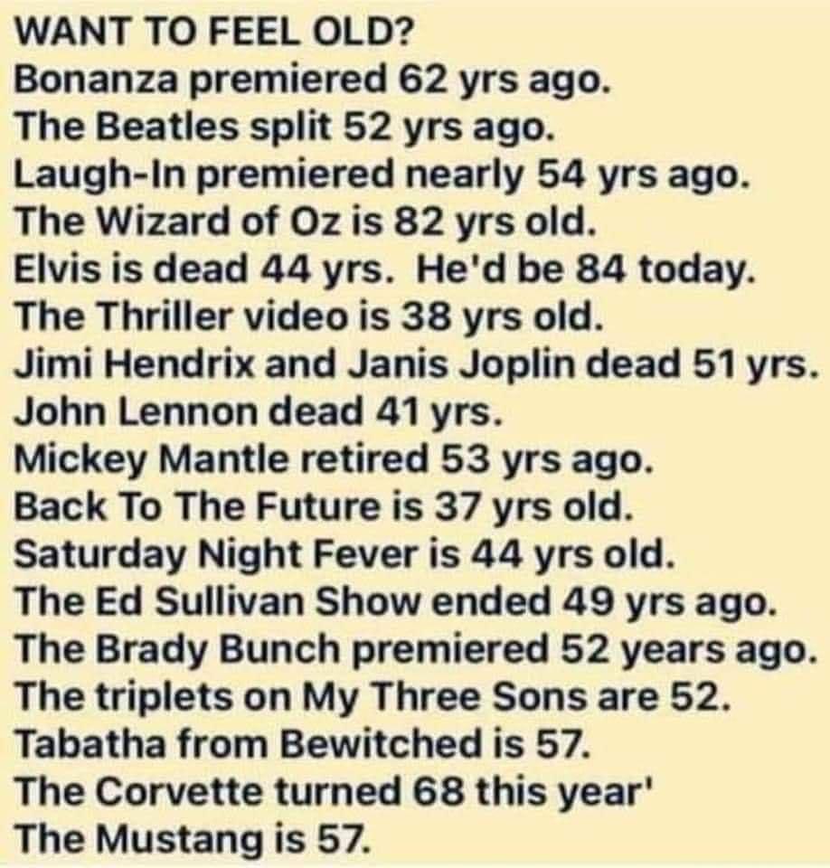 WANT TO FEEL OLD Bonanza premiered 62 yrs ago The Beatles split 52 yrs ago Laugh In premiered nearly 54 yrs ago The Wizard of Oz is 82 yrs old Elvis is dead 44 yrs Hed be 84 today The Thriller video is 38 yrs old Jimi Hendrix and Janis Joplin dead 51 yrs John Lennon dead 41 yrs Mickey Mantle retired 53 yrs ago Back To The Future is 37 yrs old Saturday Night Fever is 44 yrs old The Ed Sullivan Show