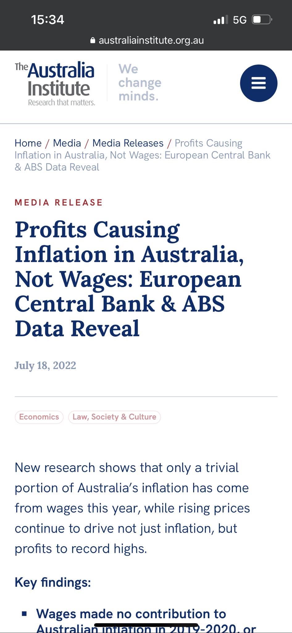 instituteorg Australia Institute Home Media Media Releases Pr 1 E MEDIA RELEASE Profits Causing Inflation in Australia Not Wages European Central Bank ABS Data Reveal July 18 2022 New research shows that only a trivial portion of Australias inflation has come from wages this year while rising prices continue to drive not just inflation but profits to record highs Key findings Wages made no contrib