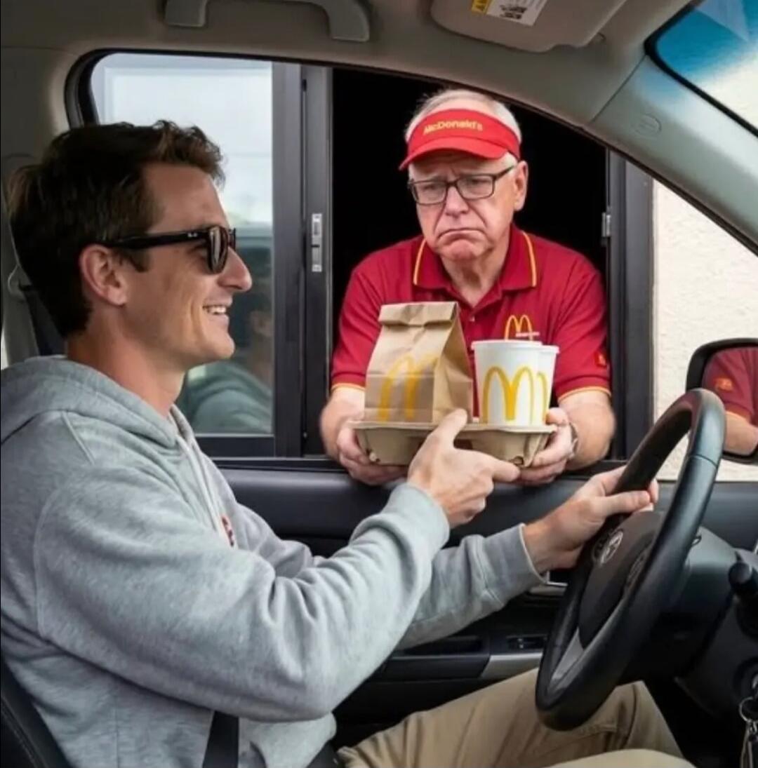 A man in a gray hoodie wearing sunglasses sits in a car at a McDonald's drive-thru window, smiling and handing money to a fast-food worker who is wearing a red uniform and cap while holding a tray with a paper bag and two drinks.