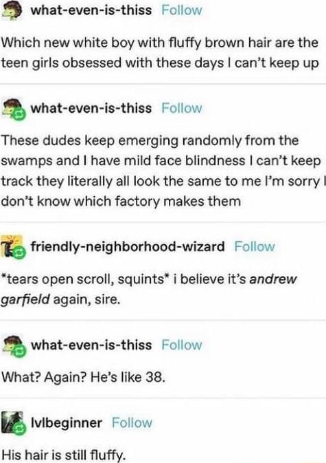 what even is thiss Follow Which new white boy with fluffy brown hair are the teen girls obsessed with these days cant keep up whu evanls thlss Follow These dudes keep emerging randomly from the swamps and have mild face blindness cant keep track they literally all look the same to me Im sorry dont know which factory makes them friendly neighborhood wizard Follow tears open scroll squints i believe