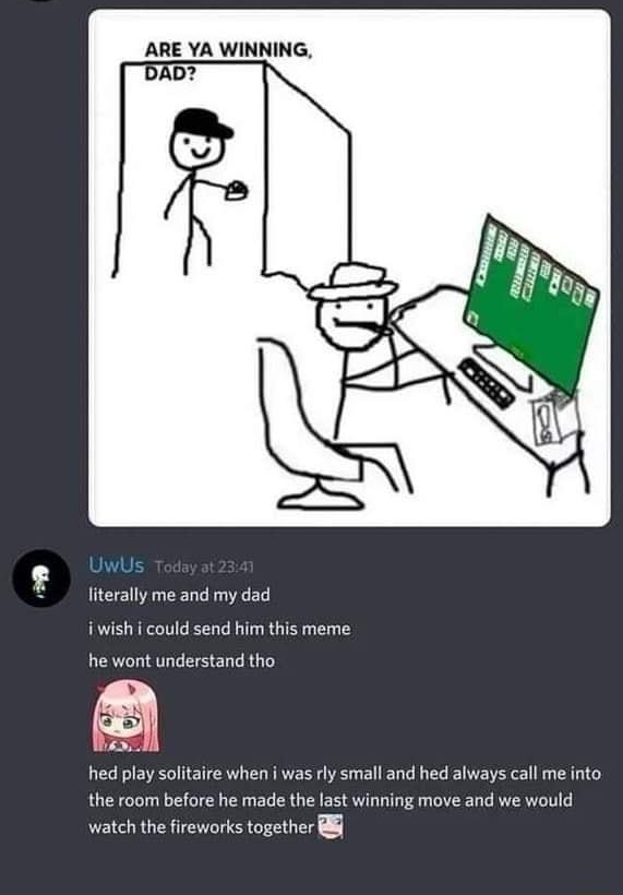ARE YA WINNING literally me and my dad i wish i could send him this meme he wont understand tho hed play sotaire when was ly smalland hed always call me nto the room before he made the last winring move and we would atch the ireworks together